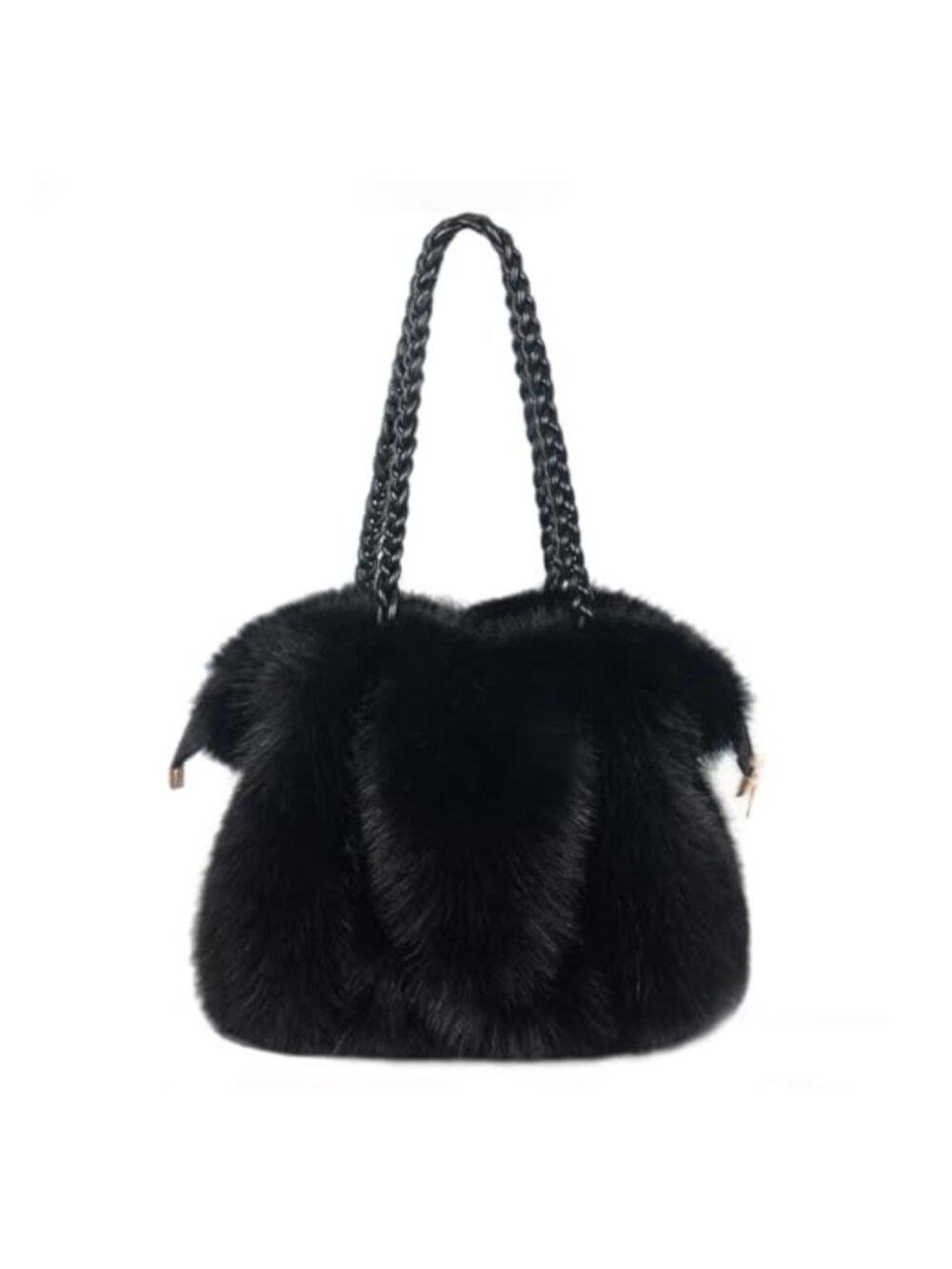Faux Fur Handbag Soft Fluffy Winter Purse Braided Handle Zipper Closure